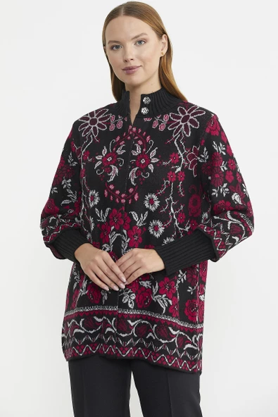 Çiçek Desenli Kalın Yün Triko Ceket - Siyah - 2