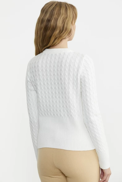 Saç Örgü Beli Oturmalı Triko Kazak - Kemik - Resim 5