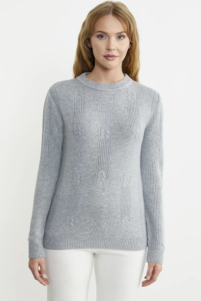 Sıfır Yaka Desenli Triko Kazak - Gri - Resim 2