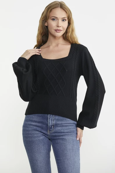 Kare Yaka Geniş Kol Triko Kazak - Siyah - Resim 2