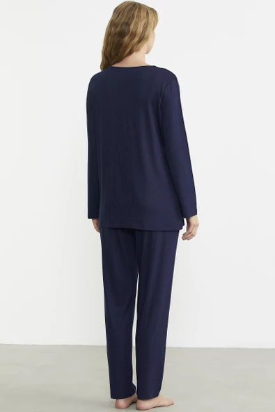 Önden Düğmeli Rahat Kalıp Pijama Takım - Lacivert - 6
