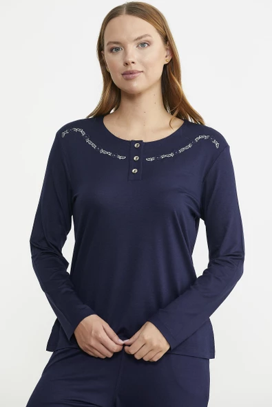 Sıfır Yaka Düğmeli Pijama Takım - Lacivert - Resim 3