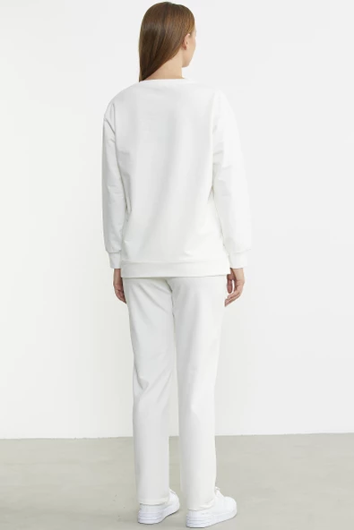 Taş Detaylı Sıfır Yaka  Eşofman Takım - Ekru - Resim 6