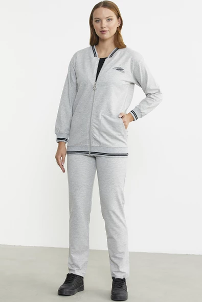 Fermuarlı  Örme Kombinli Eşofman Takım - Gri - Resim 2