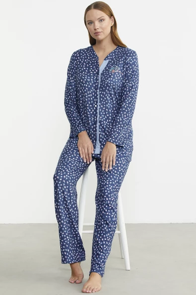 Yumoş Düğmeli Uzun Kol Pijama Takım - Mavi - 3