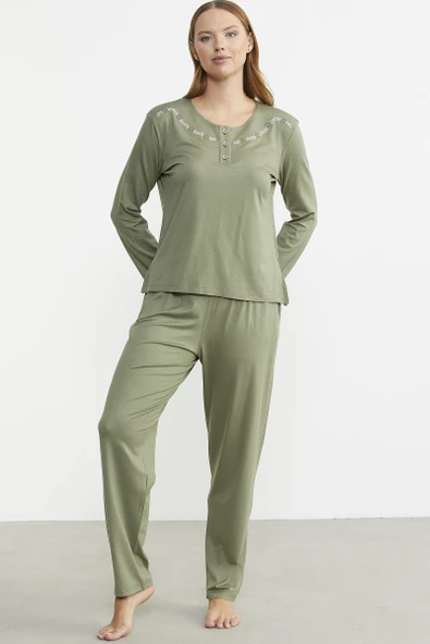 Sıfır Yaka Düğmeli Pijama Takım - Yeşil - Resim 5