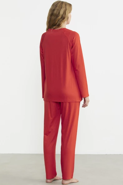 Nakış Detaylı  Düğmeli Pijama Takım - Mercan - 6