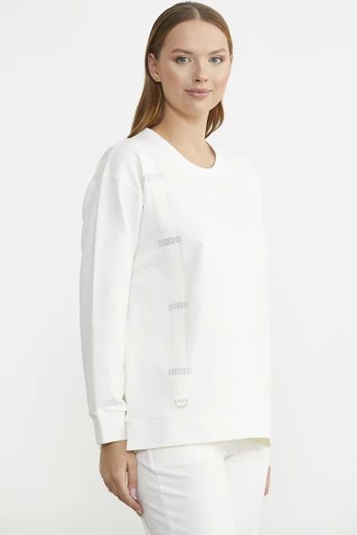 Taş Detaylı Sıfır Yaka  Eşofman Takım - Ekru - Resim 4