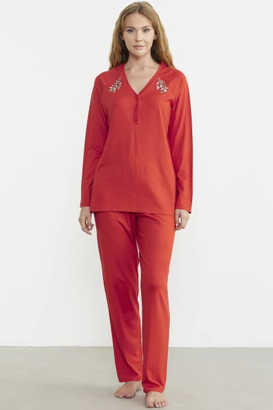 Nakış Detaylı  Düğmeli Pijama Takım - Mercan