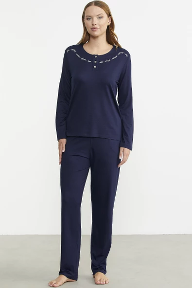 Sıfır Yaka Düğmeli Pijama Takım - Lacivert - Resim 2