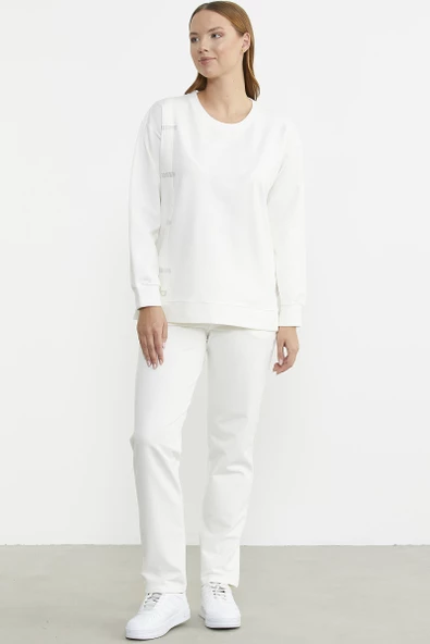 Taş Detaylı Sıfır Yaka  Eşofman Takım - Ekru - Resim 3