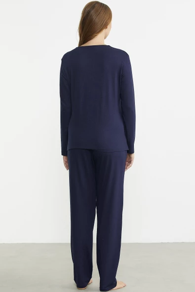 Sıfır Yaka Düğmeli Pijama Takım - Lacivert - Resim 6