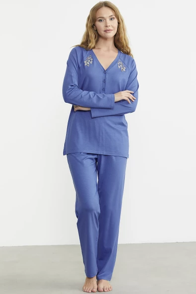 Nakış Detaylı  Düğmeli Pijama Takım - Mavi - 4