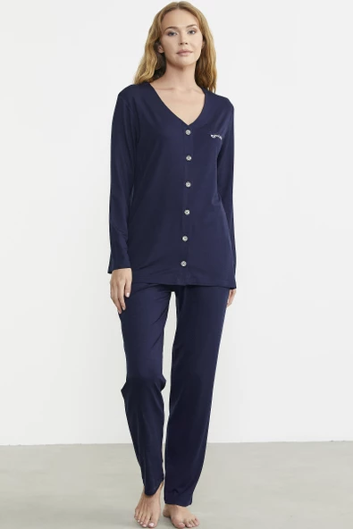 Önden Düğmeli Rahat Kalıp Pijama Takım - Lacivert - 2