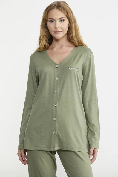 Önden Düğmeli Rahat Kalıp Pijama Takım - Yeşil - Resim 5