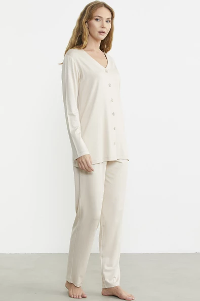 Önden Düğmeli Rahat Kalıp Pijama Takım - Bej - Resim 4