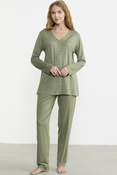 Önden Düğmeli Rahat Kalıp Pijama Takım - Yeşil - Resim 3