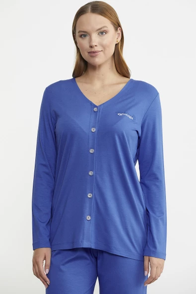Önden Düğmeli Rahat Kalıp Pijama Takım - Saks - 3