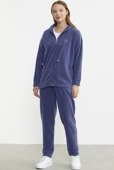 Kapüşonlu Polar Tunik Eşofman Takım - Indigo - 2