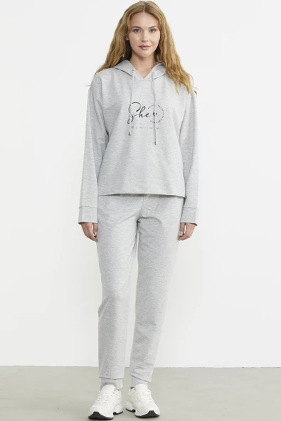 Baskı Detaylı Kapüşonlu Eşofman Takım - Gri ürün görseli 1