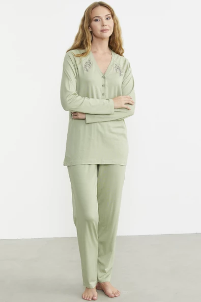 Nakış Detaylı  Düğmeli Pijama Takım - Yeşil