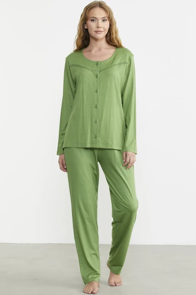 Düğme Kapamalı Rahat Kalıp Pijama Takım - Yeşil ürün görseli 1