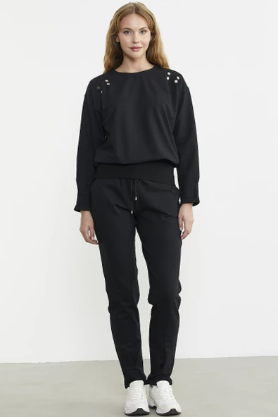 Omuz Düğme Detaylı Eşofman Takım - Siyah - Resim 2
