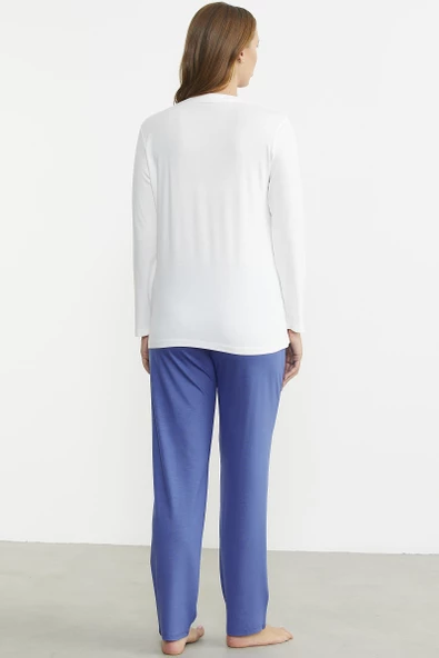 Patlı Düğmeli Desen Kombinli Pijama Takım - Mavi - 5