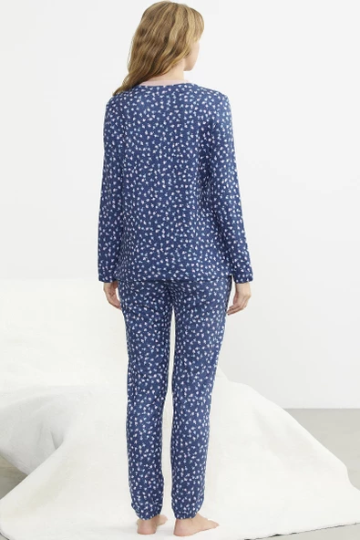 Desenli Yumoş Pijama Takım - Mavi - 4