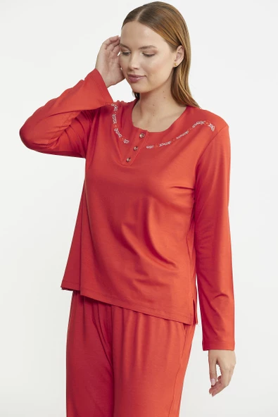 Sıfır Yaka Düğmeli Pijama Takım - Mercan - 3