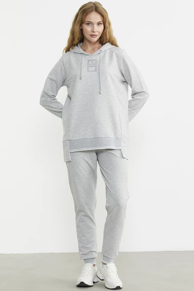 Kapüşonlu Etek Ucu Örme Detaylı Eşofman Takım - Gri - Resim 2