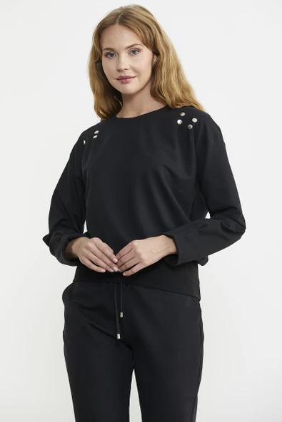 Omuz Düğme Detaylı Eşofman Takım - Siyah - Resim 4