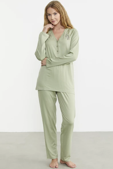 Nakış Detaylı  Düğmeli Pijama Takım - Yeşil - 4