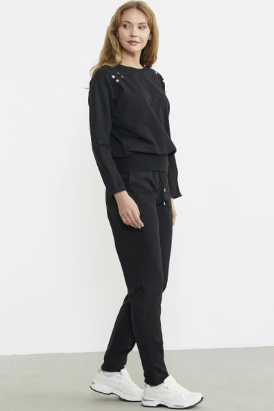 Omuz Düğme Detaylı Eşofman Takım - Siyah - Resim 5