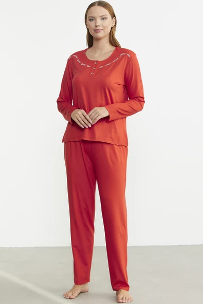 Sıfır Yaka Düğmeli Pijama Takım - Mercan - 2