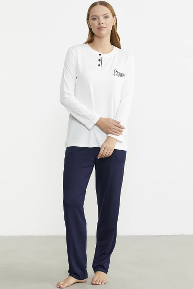 Patlı Düğmeli Desen Kombinli Pijama Takım - Lacivert - 5