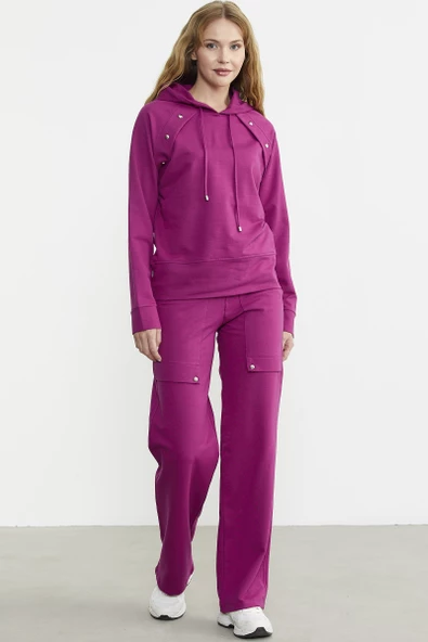 Kapüşonlu Oversize Eşofman Takım - Fuşya - Resim 2