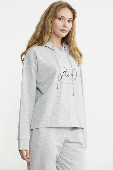 Baskı Detaylı Kapüşonlu Eşofman Takım - Gri - Resim 5