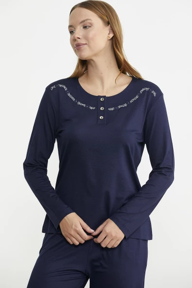 Sıfır Yaka Düğmeli Pijama Takım - Lacivert - Resim 4