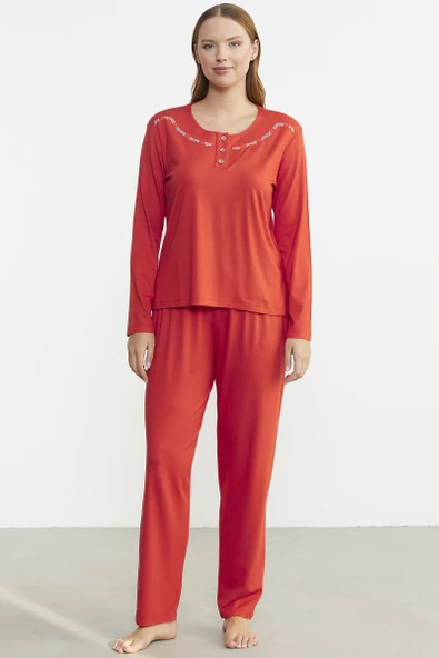Sıfır Yaka Düğmeli Pijama Takım - Mercan