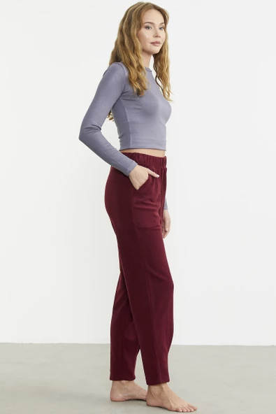 Paça Detaylı Polar Eşofman Altı - Bordo - 4