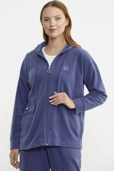 Kapüşonlu Polar Tunik Eşofman Takım - Indigo - 5