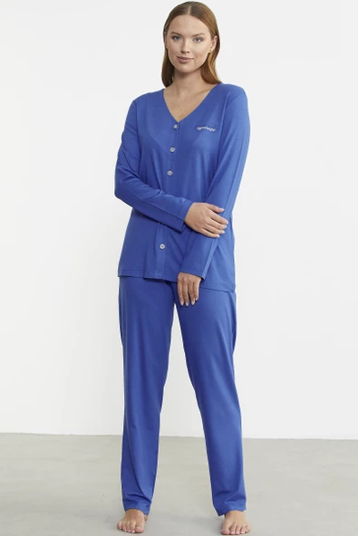 Önden Düğmeli Rahat Kalıp Pijama Takım - Saks - 4