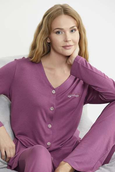 Önden Düğmeli Rahat Kalıp Pijama Takım - Gül - 2