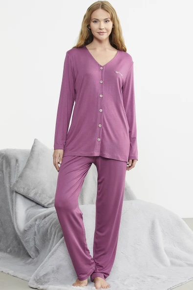 Önden Düğmeli Rahat Kalıp Pijama Takım - Gül - 4