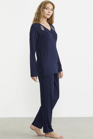 Nakış Detaylı  Düğmeli Pijama Takım - Lacivert - Resim 5