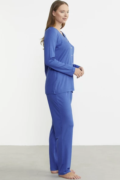 Önden Düğmeli Rahat Kalıp Pijama Takım - Saks - 5