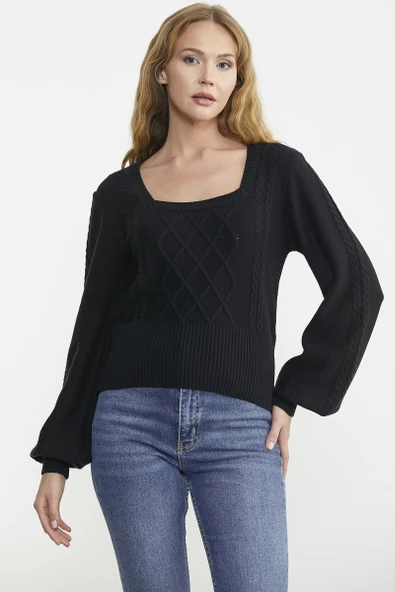 Kare Yaka Geniş Kol Triko Kazak - Siyah - Resim 3