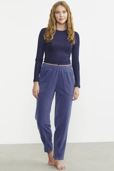 Paça Detaylı Polar Eşofman Altı - Indigo