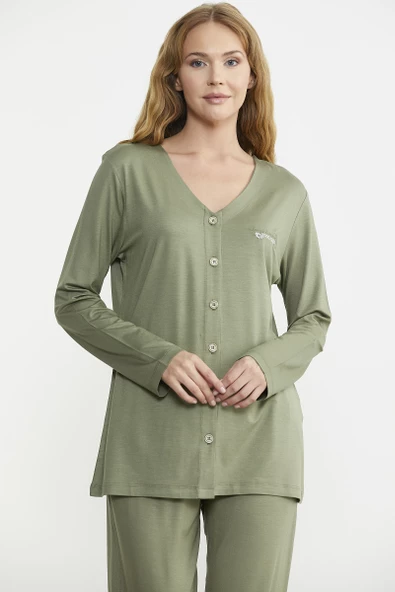 Önden Düğmeli Rahat Kalıp Pijama Takım - Yeşil - Resim 2